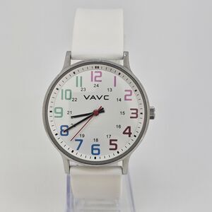 VAVC‎ Unisex Watch 40MM White Dial White Plastic Bands New Battery